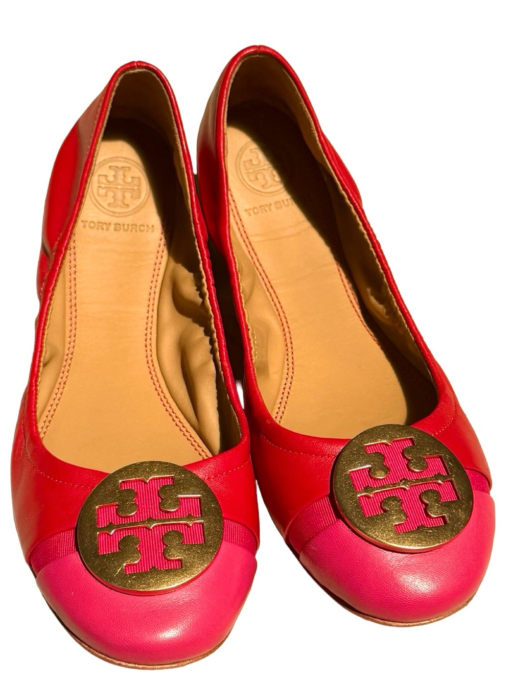 Tory Burch Reva Ballet Flats Pink Red Leather Gold Logo Size 7